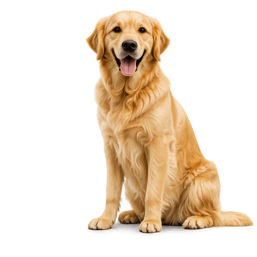 High-resolution image of a Golden Retriever sitting facing forward, isolated on a transparent background.