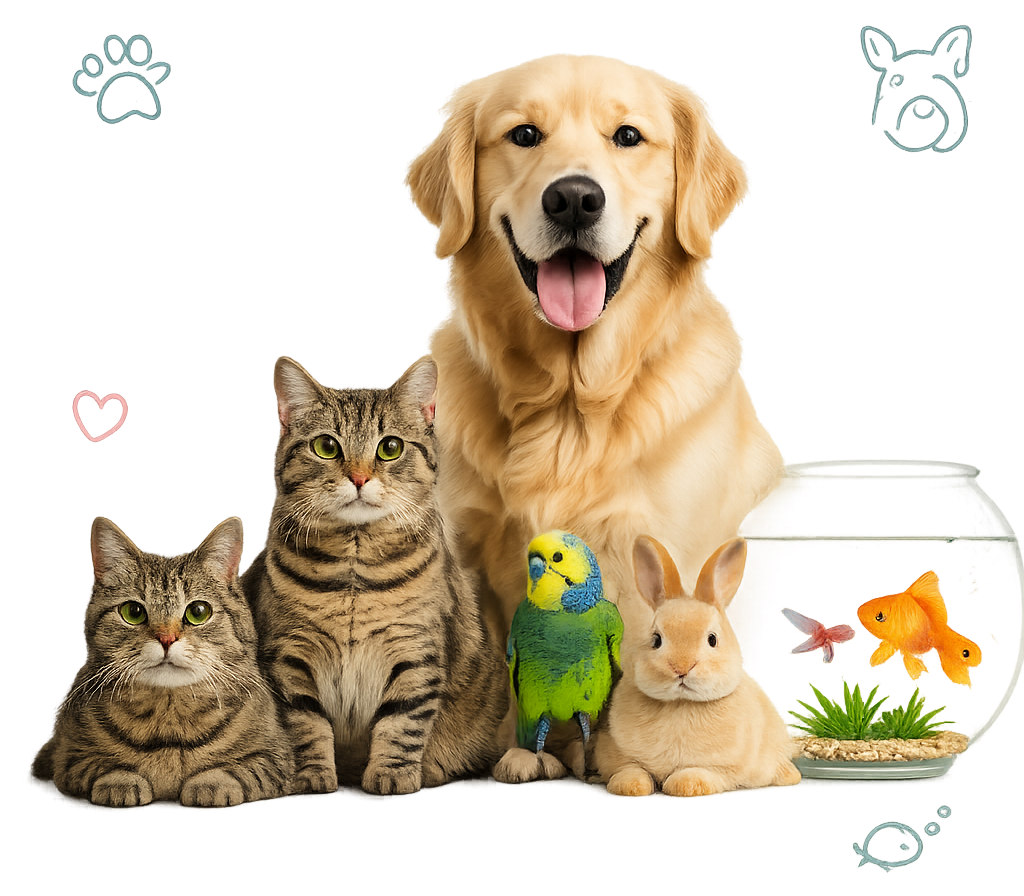 Different pets facing the camera, including a dog, cats, rabbit, parrot, and goldfish in an aquarium.
