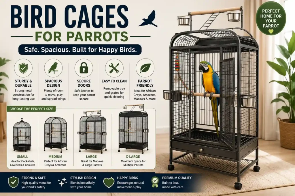 Large bird cage for parrots featuring a spacious design, secure doors, sturdy metal construction, and easy-to-clean removable tray for pet birds.