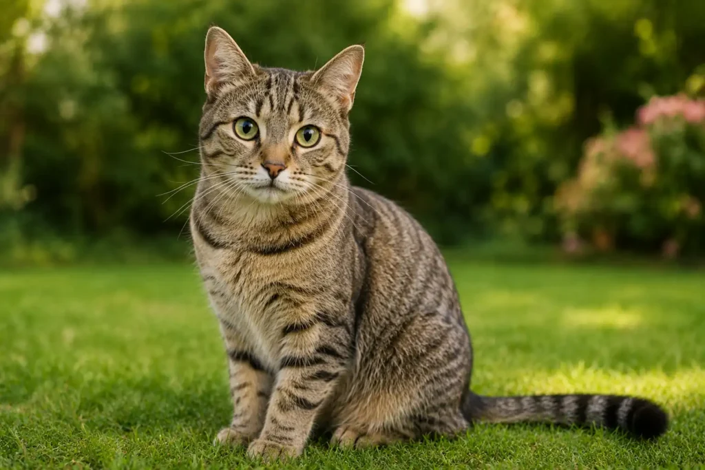abby cat sitting on green grass outdoors, looking directly at the camera with bright green eyes and a blurred garden background.