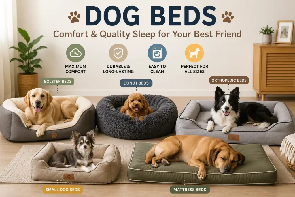 Various comfortable dog beds displayed in a modern living room, featuring dogs relaxing on orthopedic, donut, bolster, mattress, and small dog beds designed for comfort, durability, and easy cleaning.