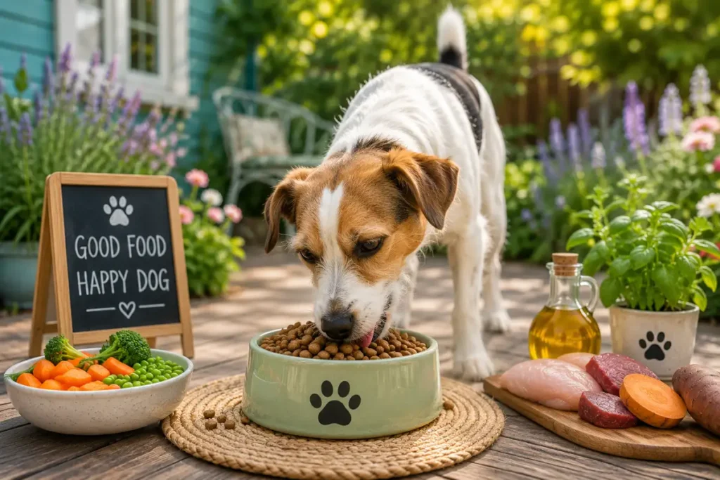 Jack Russell Terrier eating dog food on a sunny garden patio surrounded by fresh ingredients and flowers.