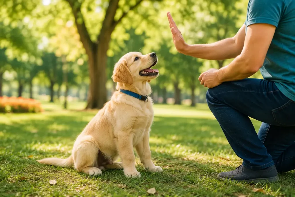 Golden retriever puppy being trained in a sunny park while following hand commands from its owner.