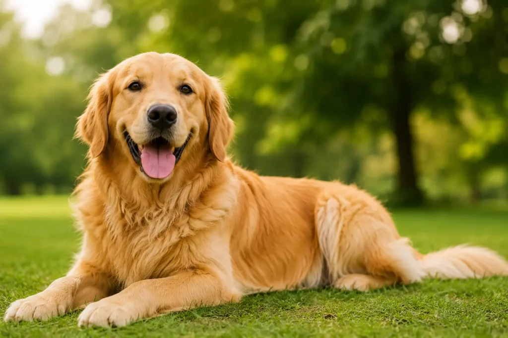 A happy golden retriever lying on green grass in a sunlit park, looking directly at the camera with its tongue out. The dog has a fluffy golden coat, and the background features softly blurred trees and natural greenery.