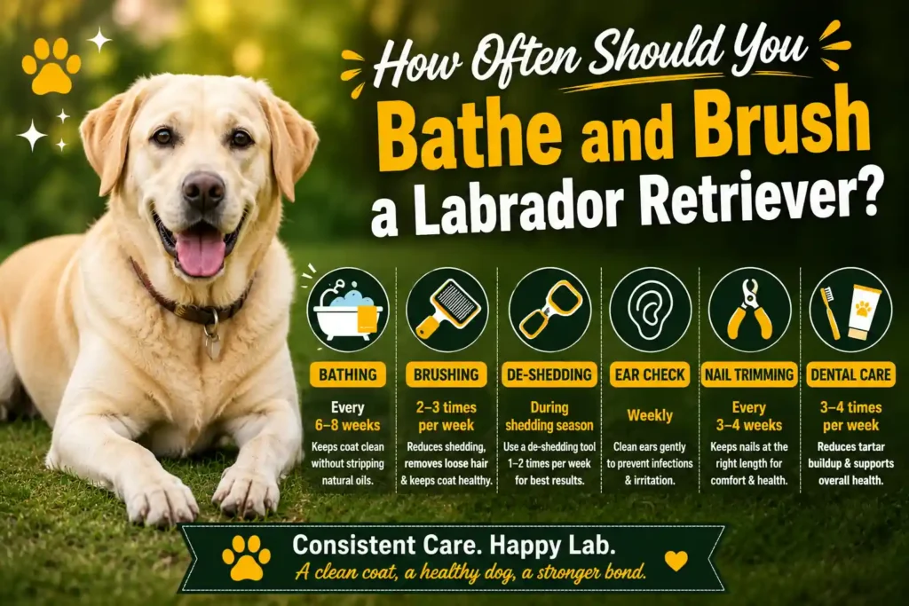 Labrador Retriever grooming schedule with bathing, brushing, nail care, and dental care tips.