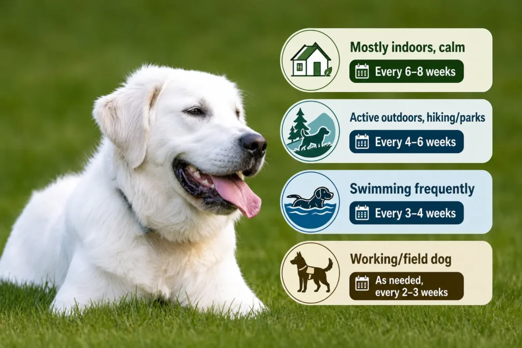 Labrador bathing schedule infographic for indoor, outdoor, swimming, and working dogs. 