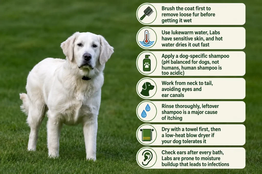 Labrador bathing tips infographic with step-by-step coat care icons.