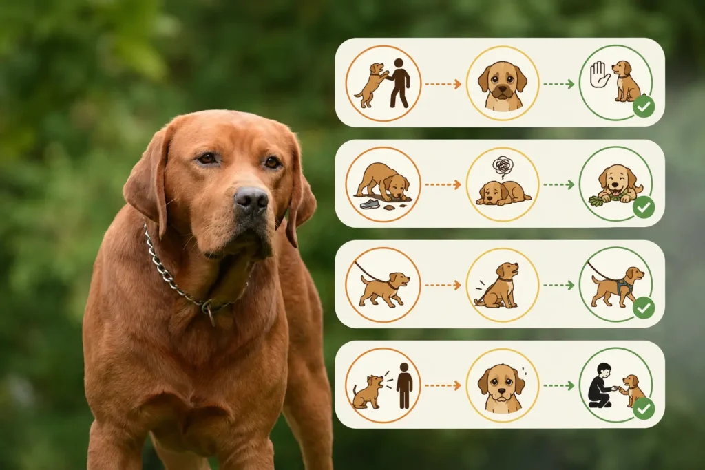 Labrador behavior problems and training solutions infographic with icons.