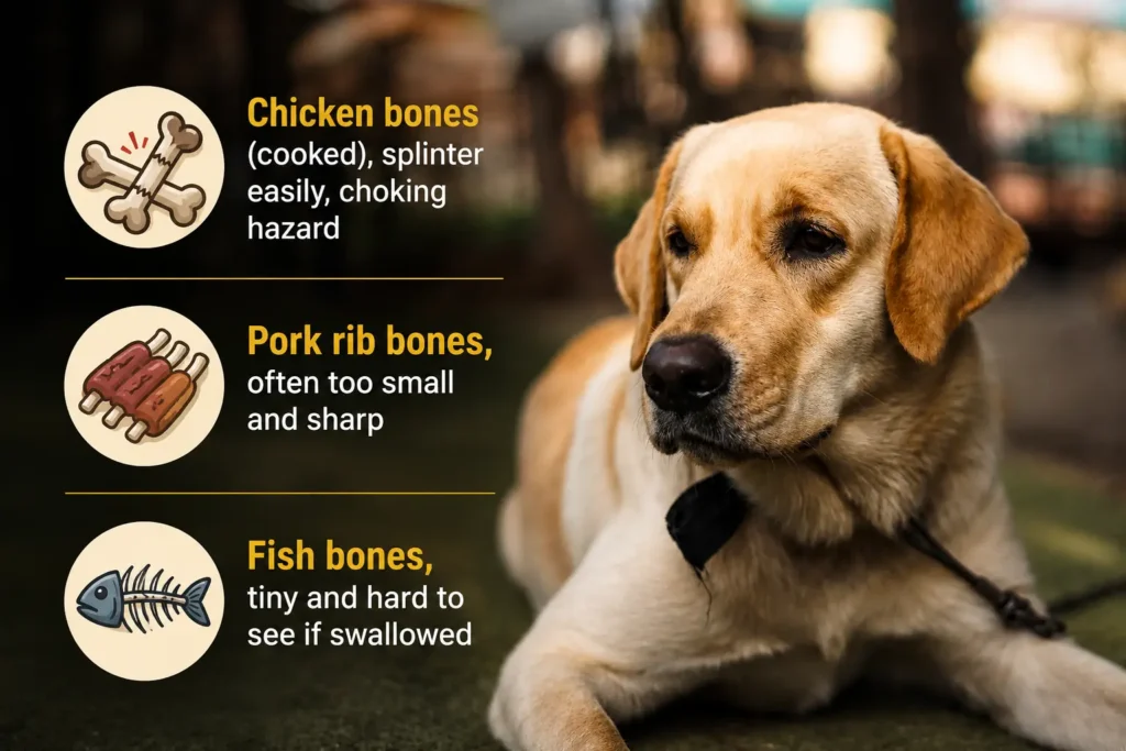 Labrador infographic showing unsafe bones for dogs. 