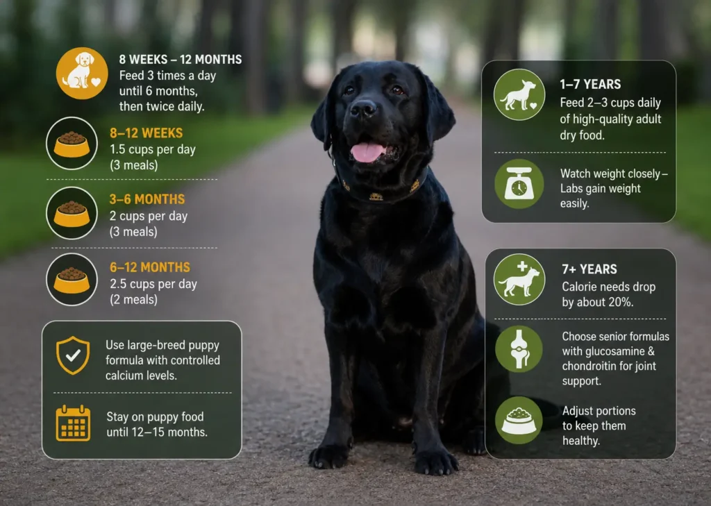 Labrador Retriever feeding guide by age with daily meal portions.