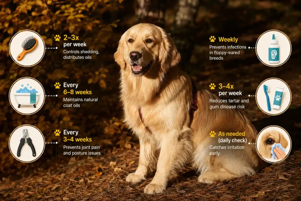 Labrador grooming schedule with care routine icons. 