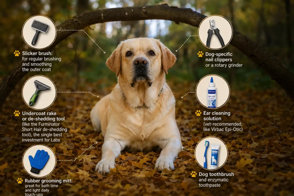 Labrador grooming tools guide with essential brushes and care accessories.