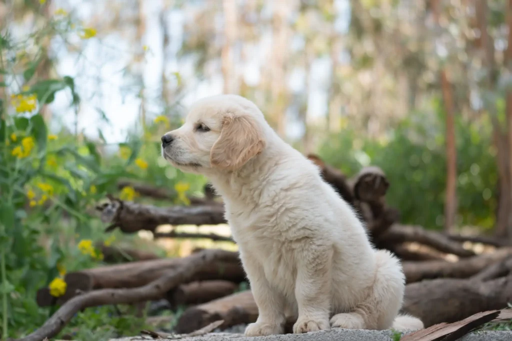 Labrador Retriever puppy sitting outdoors.