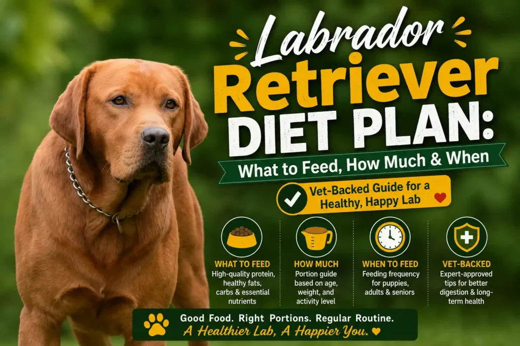 Labrador Retriever diet plan infographic with feeding guide and nutrition tips.
