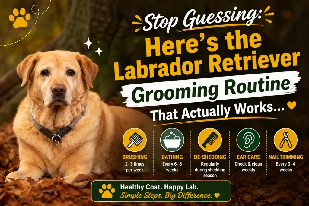 Labrador Retriever lying on autumn leaves with grooming routine infographic and grooming tips.