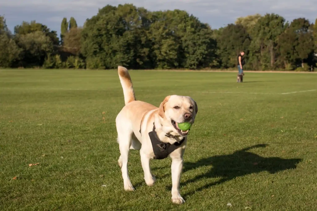 Labrador Retriever playing with a ball.