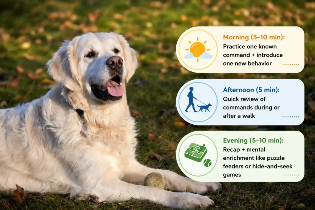 Golden Labrador training schedule infographic with morning, afternoon, and evening routine.
