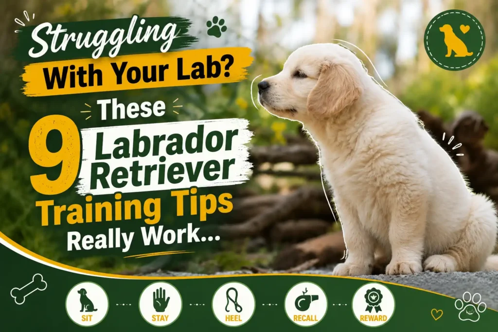Labrador Retriever training tips infographic with puppy and command icons.