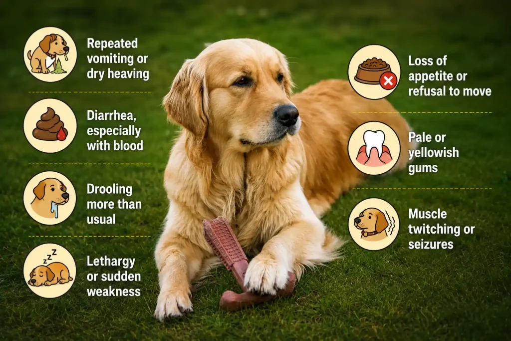 Labrador warning signs and emergency symptoms infographic. 