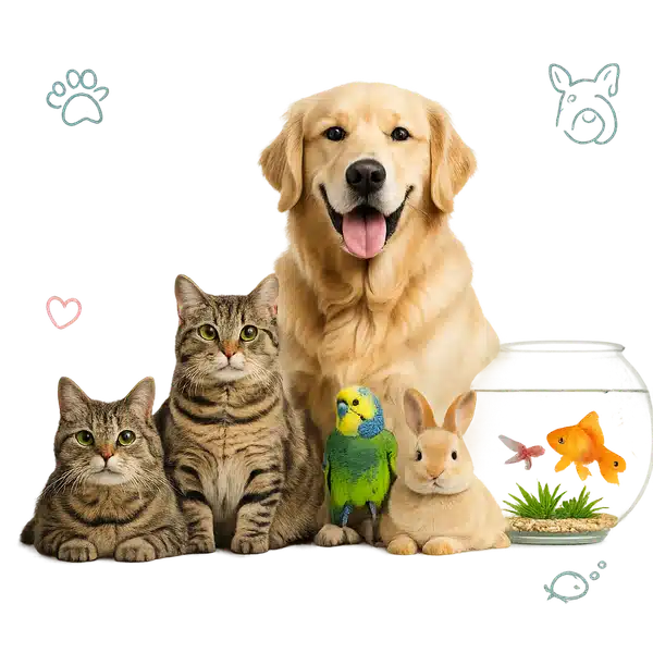 Different pets facing the camera, including a dog, cats, rabbit, parrot, and goldfish in an aquarium.