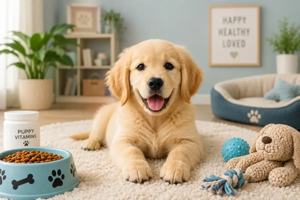 Happy golden retriever puppy lying on a soft rug with toys, food bowl, and cozy indoor background for a puppy care section