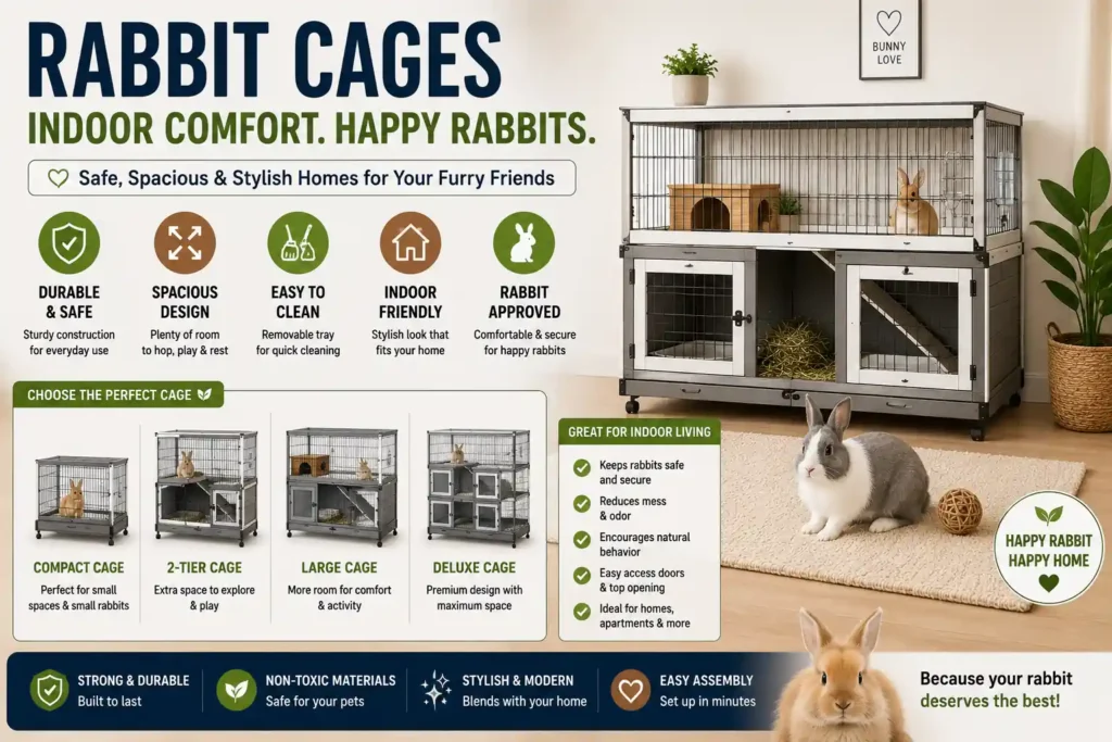 Indoor rabbit cages with spacious design, secure enclosure, easy-clean trays, and comfortable living space for pet rabbits.