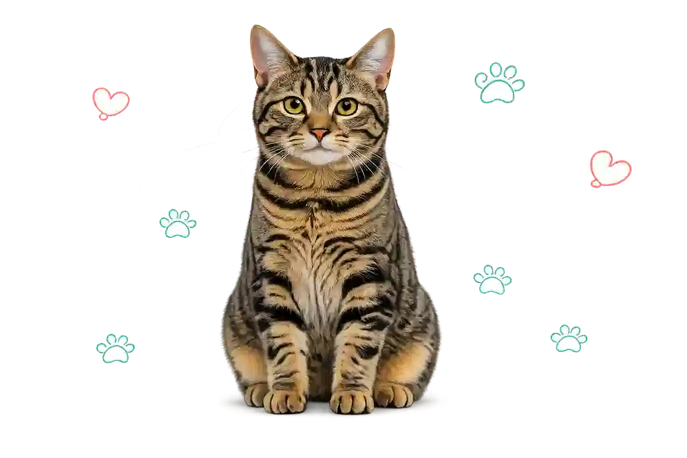 Front-facing tabby cat sitting with pastel paw prints and heart icons on a transparent background.