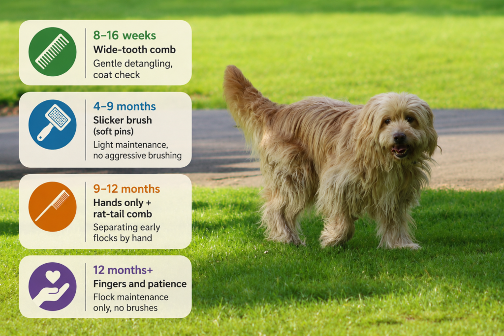 Bergamasco puppy grooming timeline infographic.
