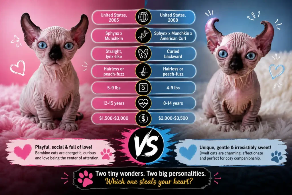 Bambino vs Dwelf cat comparison infographic