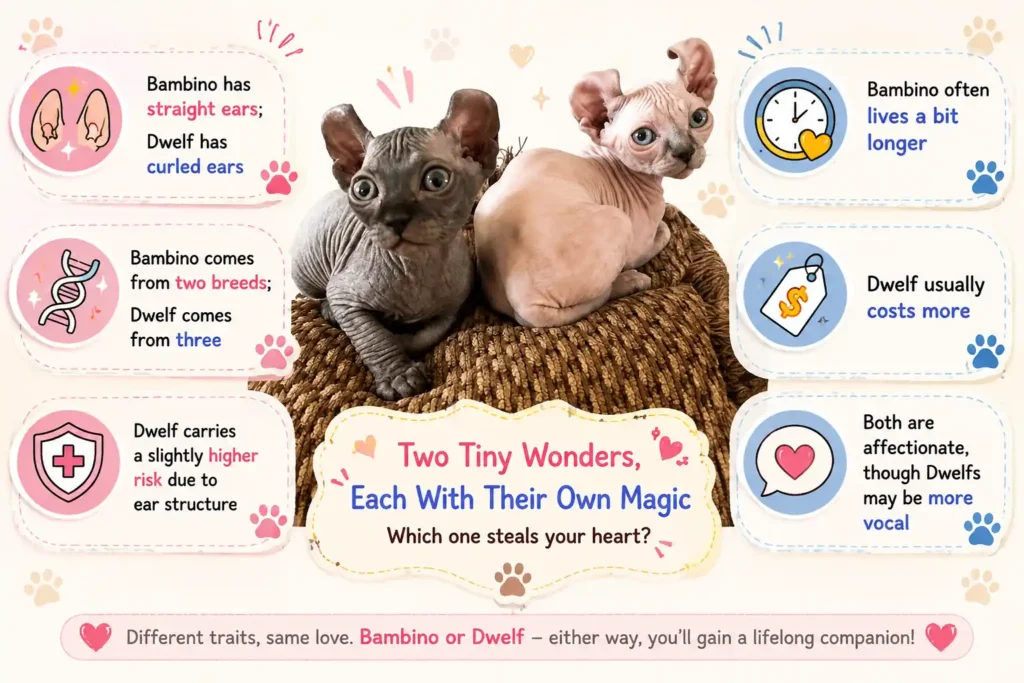 Bambino vs Dwelf cat traits comparison