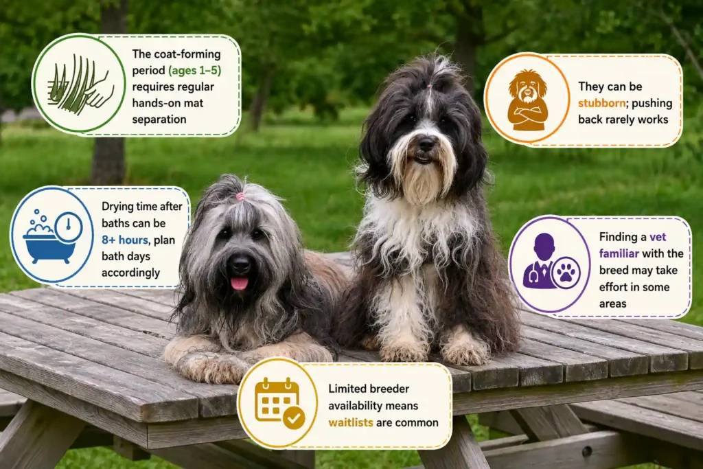 Bergamasco care tips infographic with grooming and training icons.