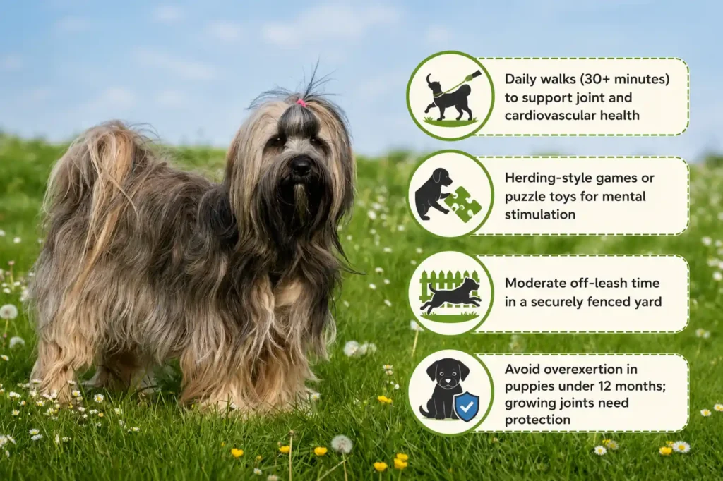 Bergamasco Sheepdog exercise and activity guide with illustrated icons.