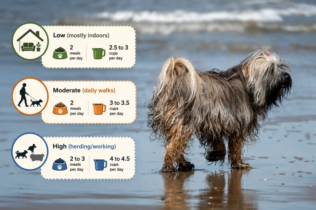 Bergamasco feeding guide by activity level with meal and portion icons. 