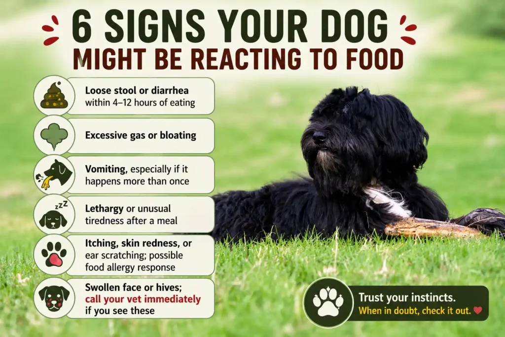 Bergamasco Sheepdog food allergy warning signs infographic.