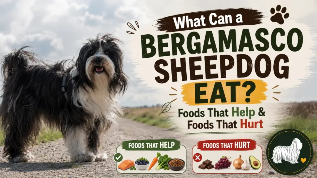 Bergamasco Sheepdog foods that help and foods to avoid infographic.