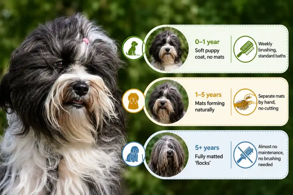 Bergamasco grooming stages illustrated with coat care icons.