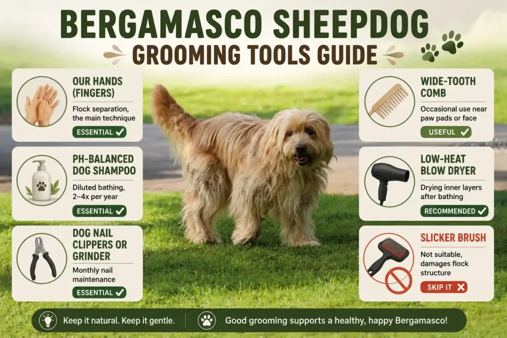 Bergamasco Sheepdog grooming tools and care guide infographic. 