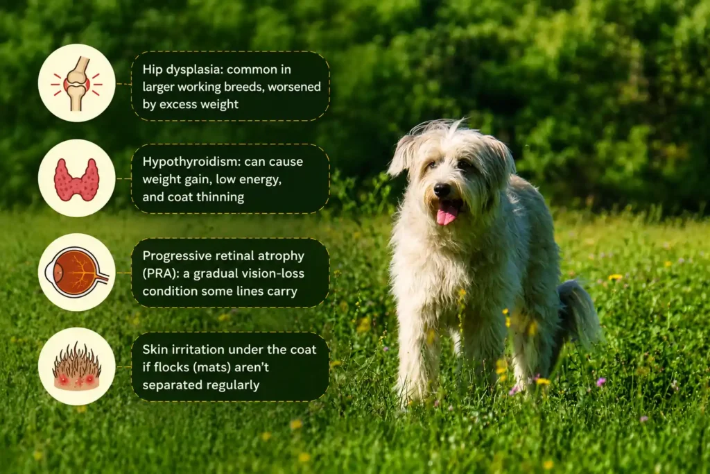 Bergamasco Sheepdog with icons showing common health conditions.