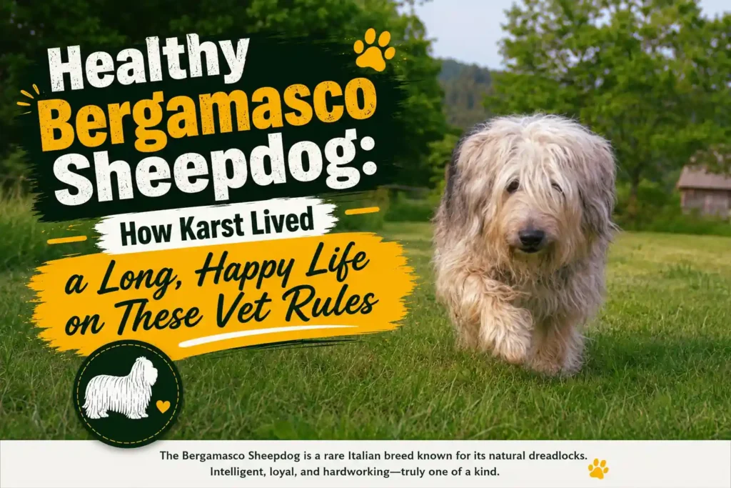 Healthy Bergamasco Sheepdog walking on grass with long-life vet care tips.