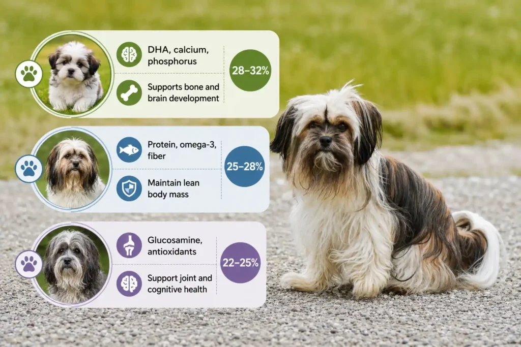 Dog nutrition guide by life stage with illustrated health icons. 
