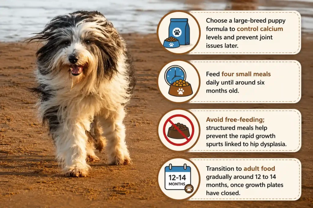 Bergamasco puppy feeding guide with nutrition tips and icons. 