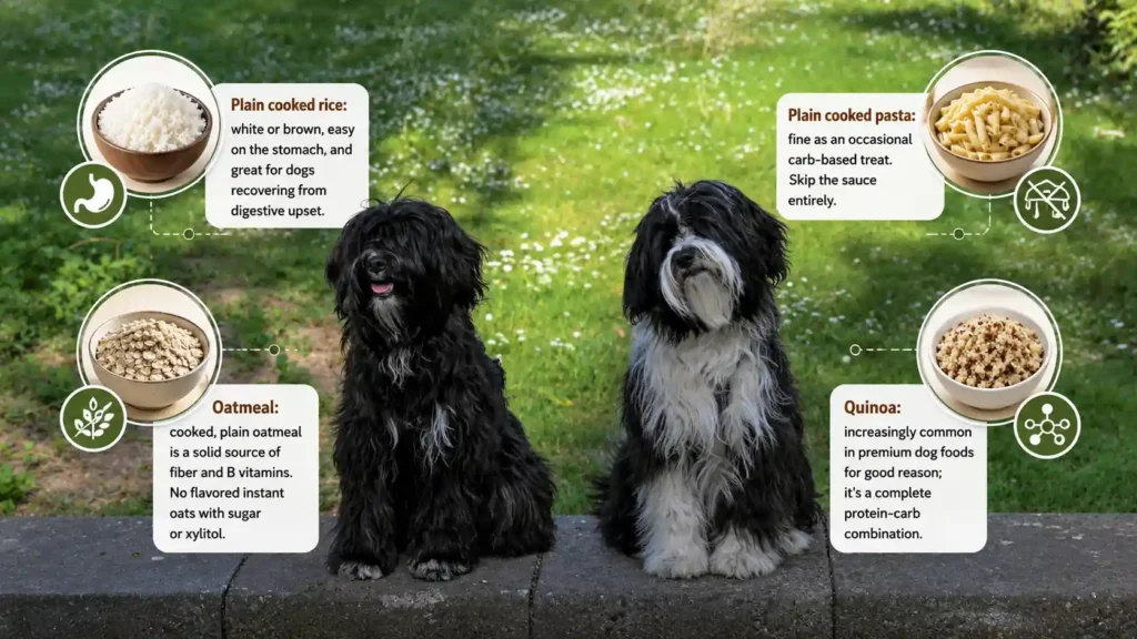 Bergamasco Sheepdogs with rice, oatmeal, pasta, and quinoa feeding guide. 