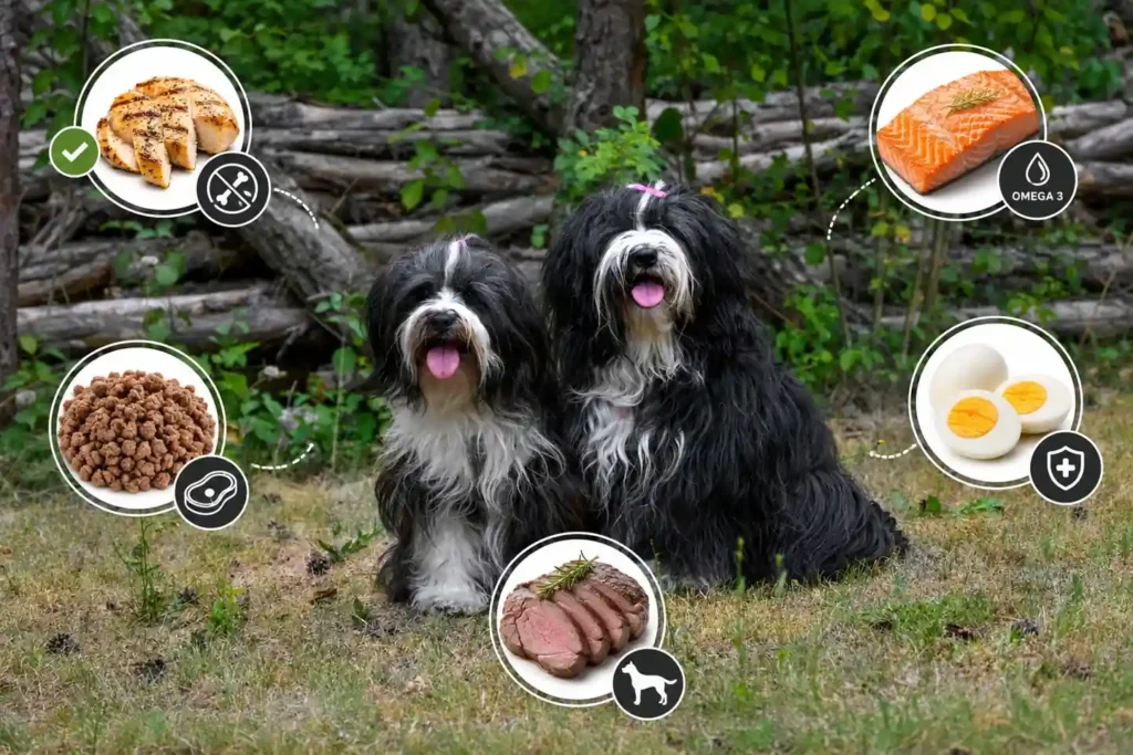Bergamasco Sheepdogs with safe food icons including chicken, salmon, eggs, beef, and lamb.