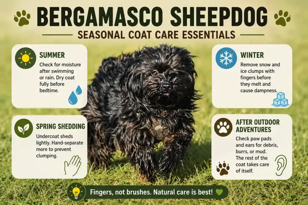 Bergamasco Sheepdog seasonal coat care infographic. 