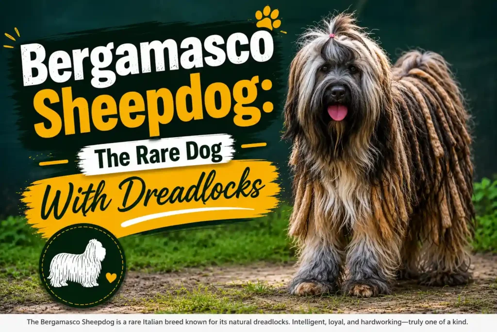 Bergamasco Sheepdog with natural dreadlock coat outdoors