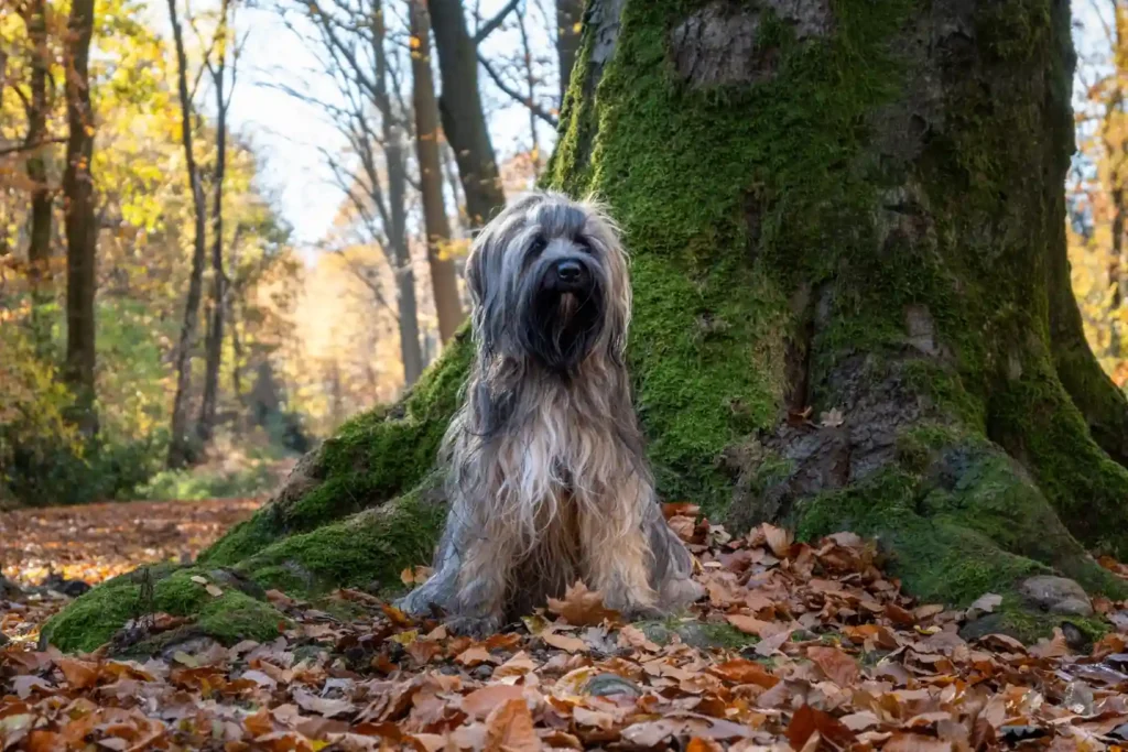 Bergamasco Sheepdog sitting beneath a mossy tree in autumn.