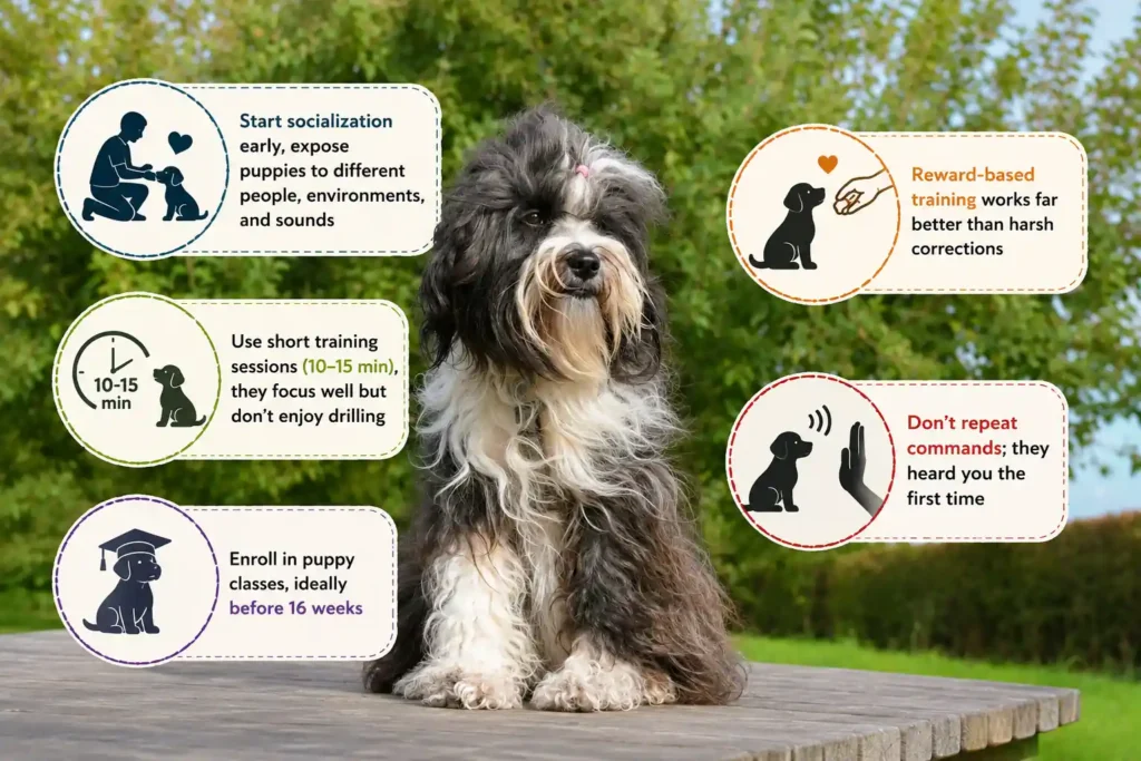 Bergamasco puppy training tips with illustrated training icons.