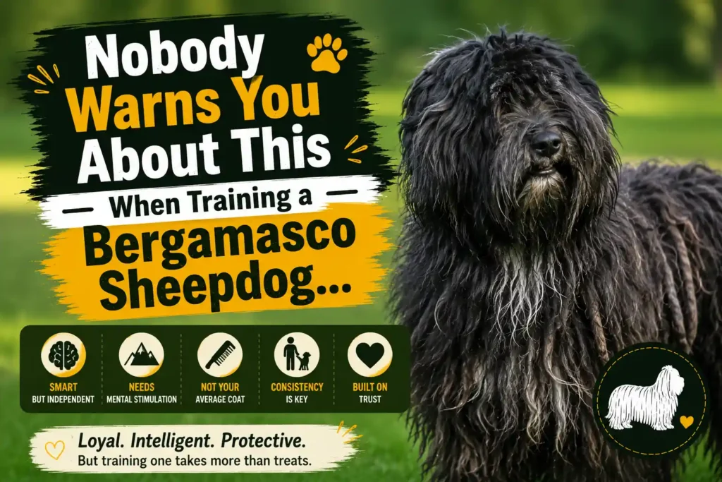 Black Bergamasco Sheepdog with training tips thumbnail.