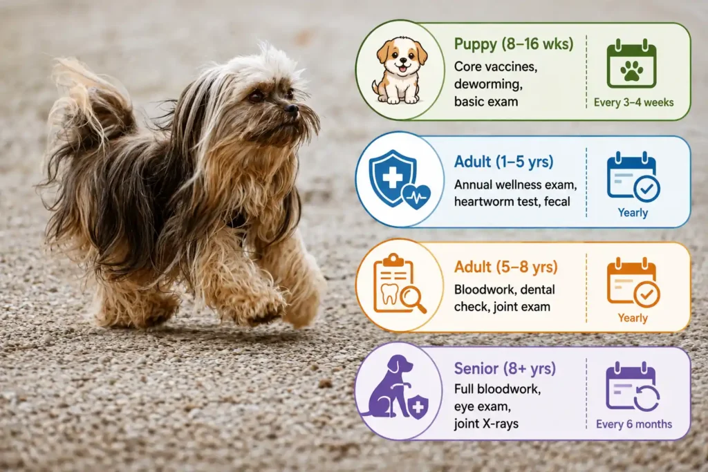 Dog vet checkup schedule infographic with life stage icons.