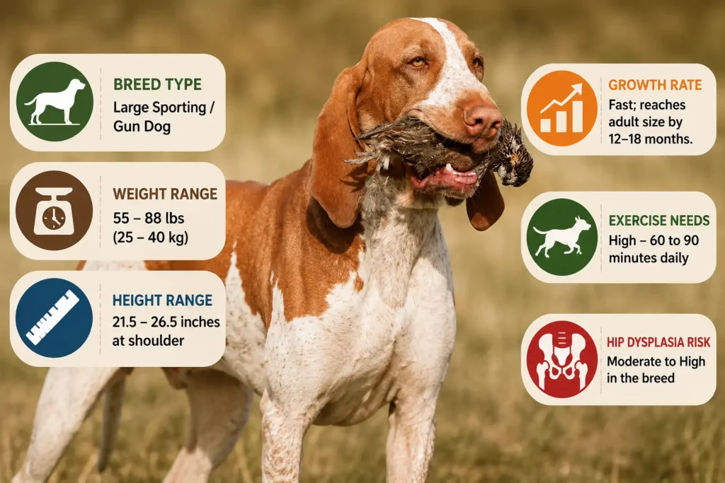 Bracco Italiano breed profile infographic with size, exercise, and health icons. 
